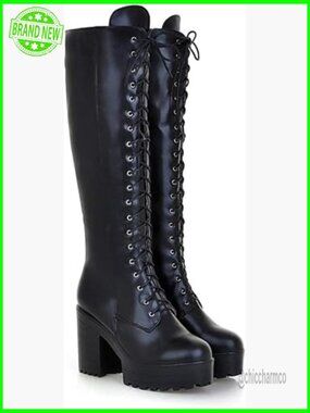 Lace-up Strappy Knee High Combat Heeled Boots Chunky Platform Shoes
